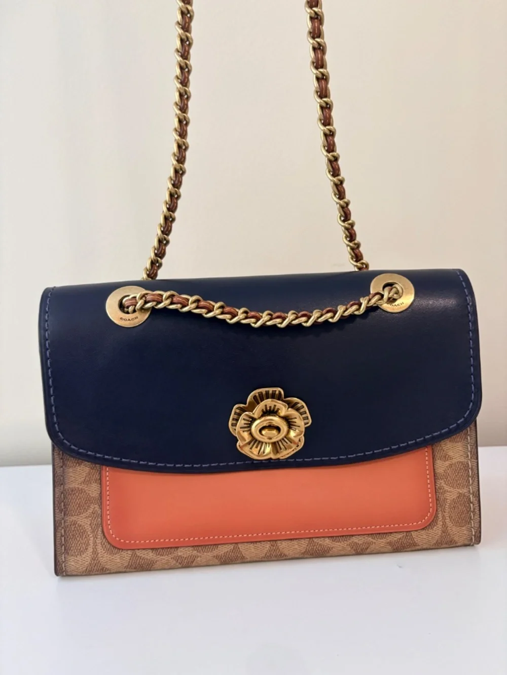 Coach Parker Shoulder Bag with Tea Rose Turnlock in Colorblock Signature Canvas